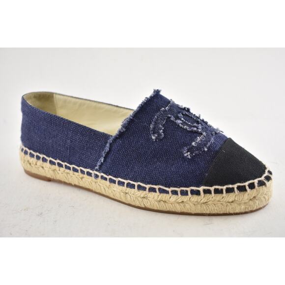 Chanel REV Blue Black Linen Canvas CC Logo Double Sole Espadrille Flat 37 RARE - Picture 3 of 14